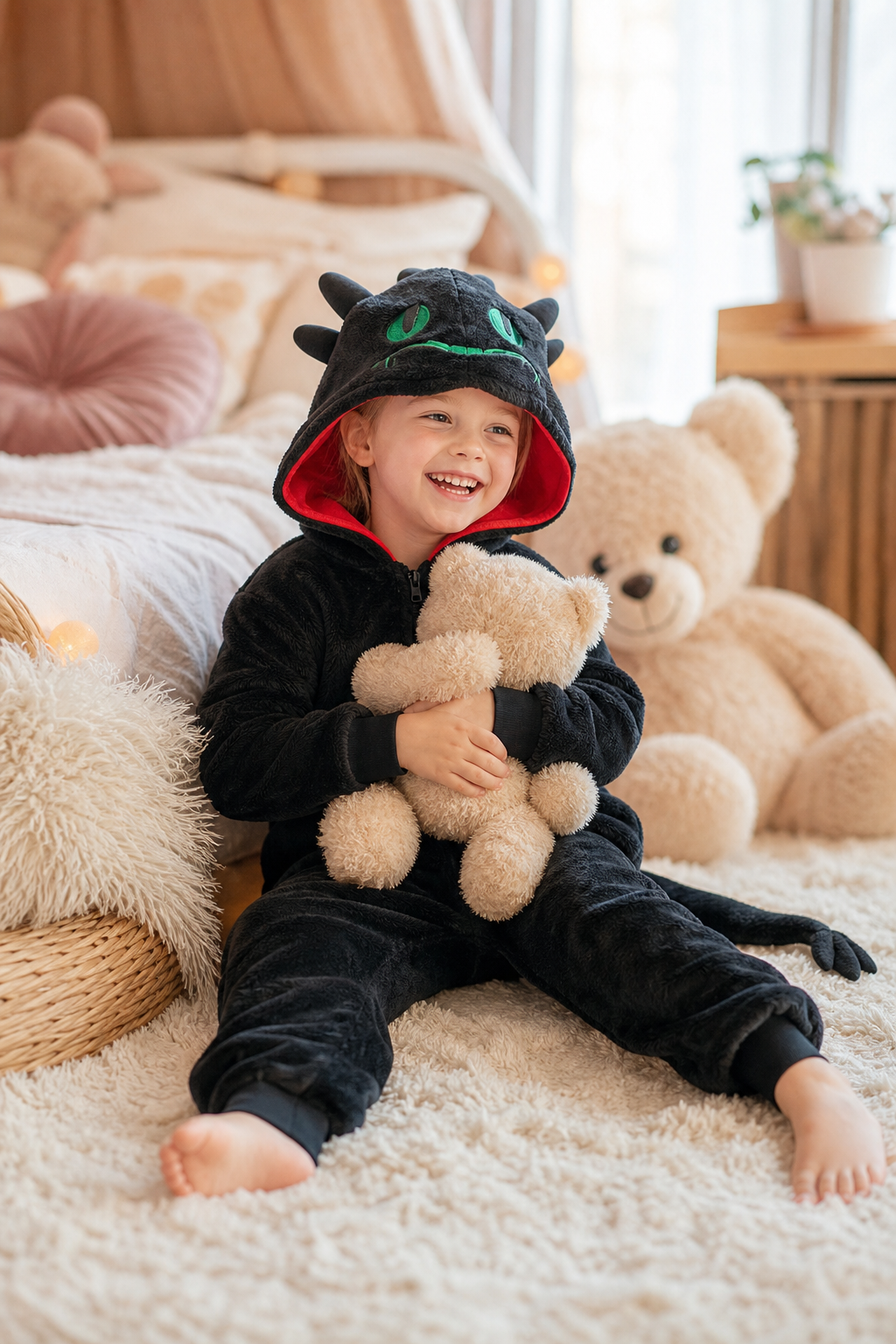 Kids' Hooded Black Dragon Kigurumi Costume Onesie