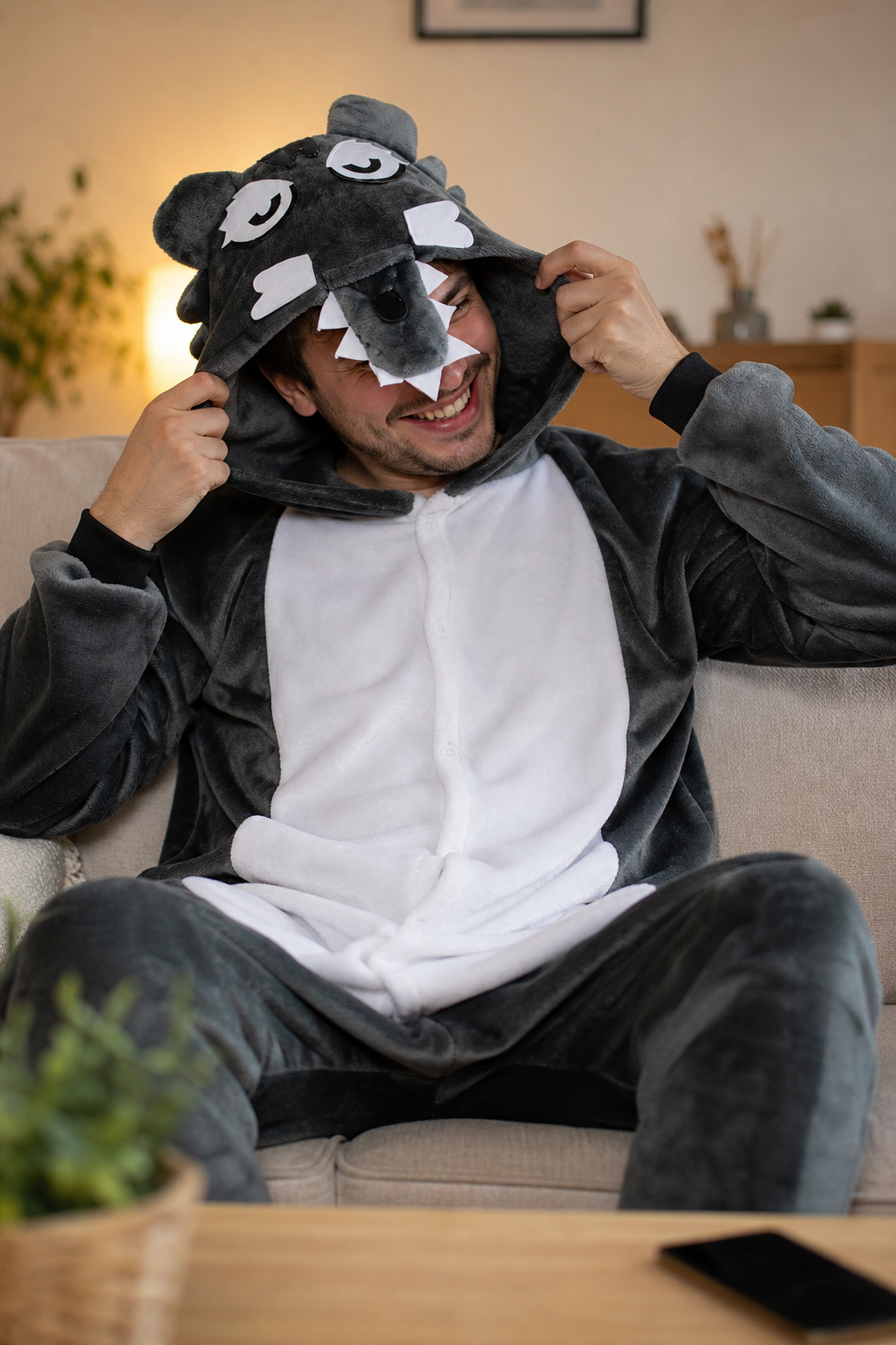 Adult Gray Plush Wolf Onesie