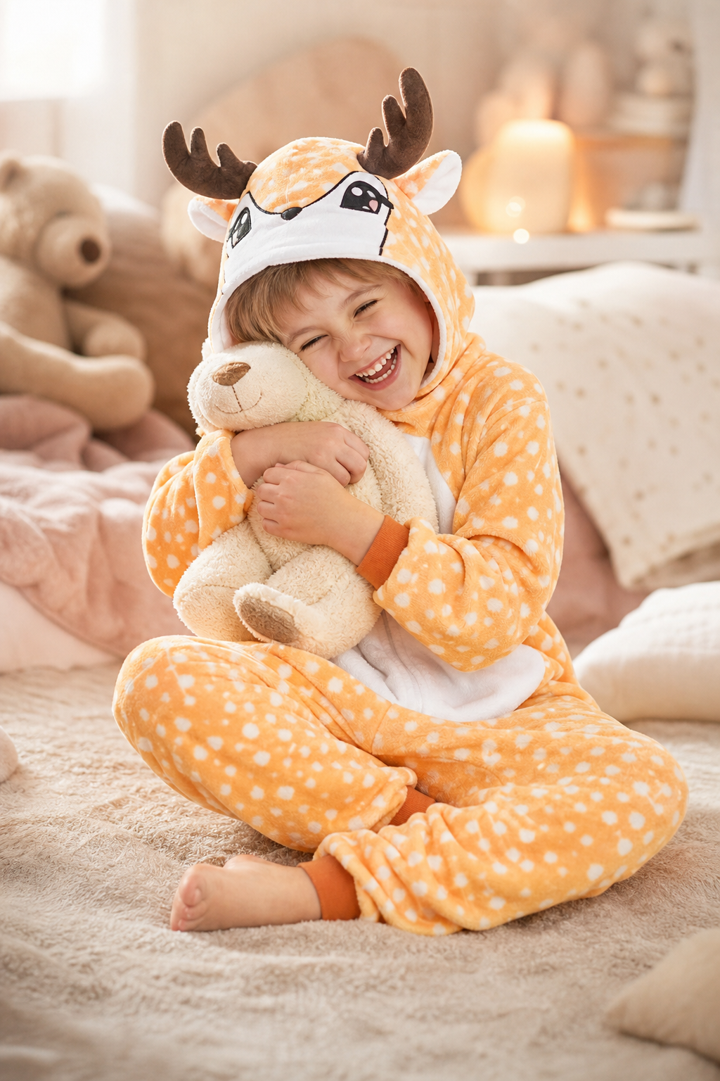Kids' Hooded Orange Antlered Deer Kigurumi Pajama Onesie