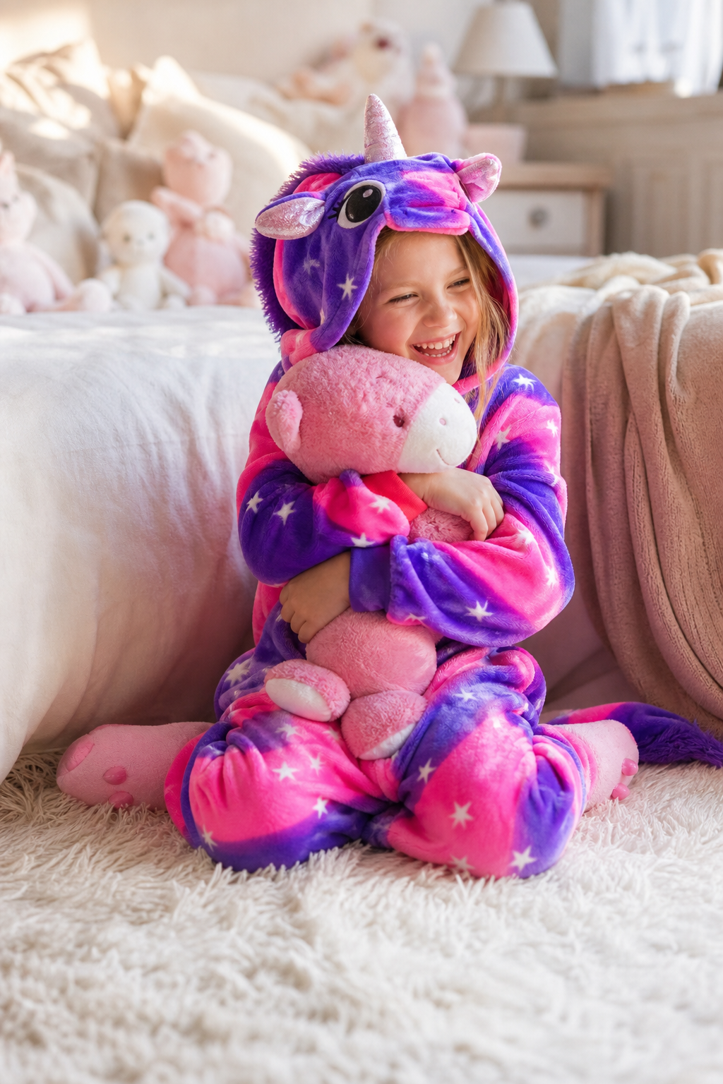 Kids' Hooded Pink and Violet Sparkle Star Unicorn Kigurumi Costume Onesie