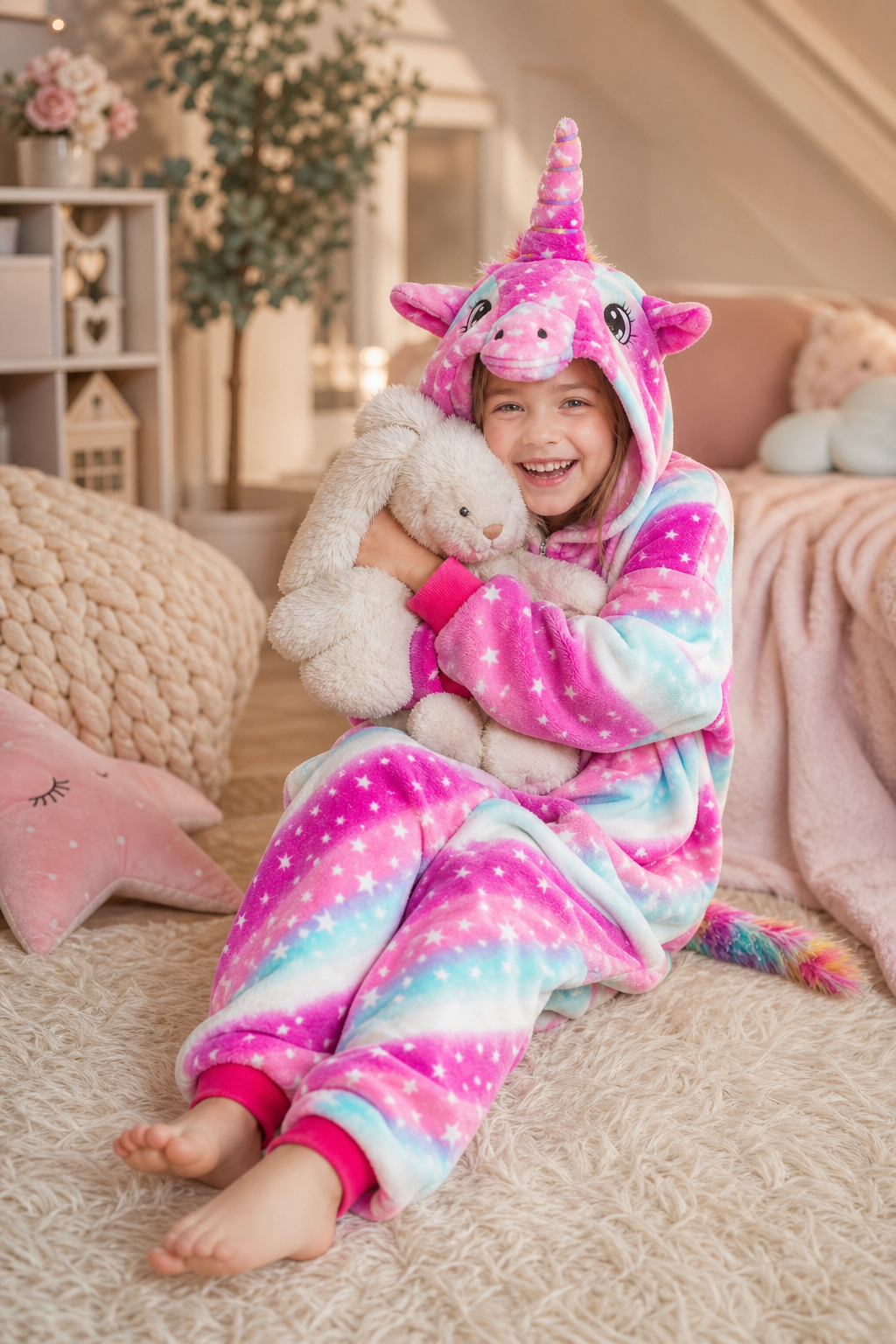 Kids' Hooded Pink Purple and Blue Star Unicorn Kigurumi Onesie