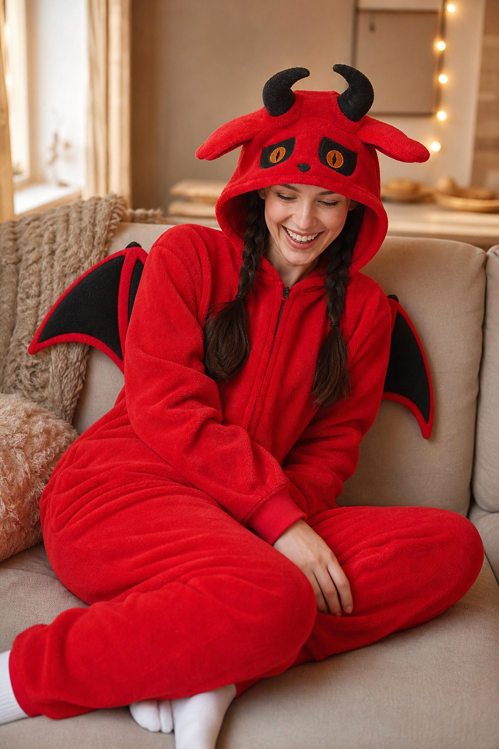 Adult Red Devil Hooded Kigurumi with Wings