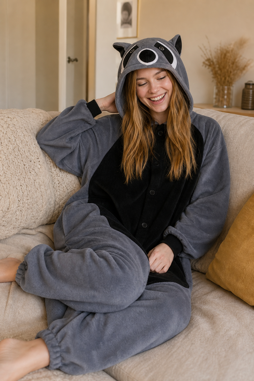 Adult Dark Grey Raccoon Fleece Hooded Onesie