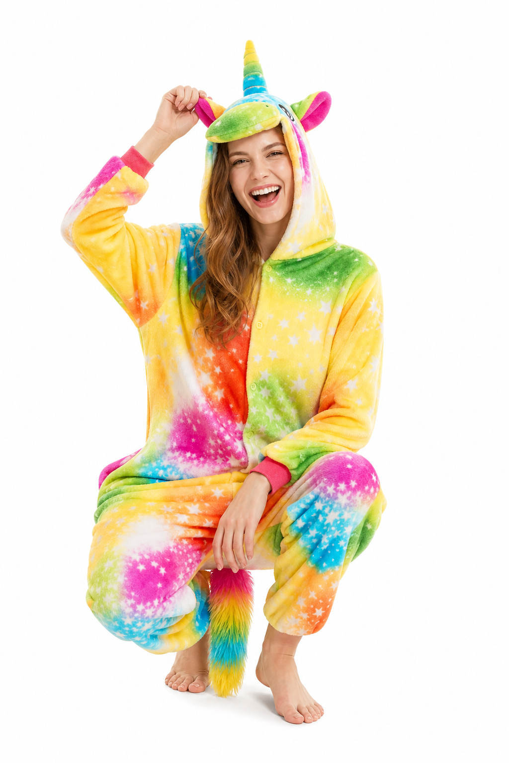 Adult Hooded Bright Rainbow Starburst Galaxy Unicorn Kigurumi Onesie