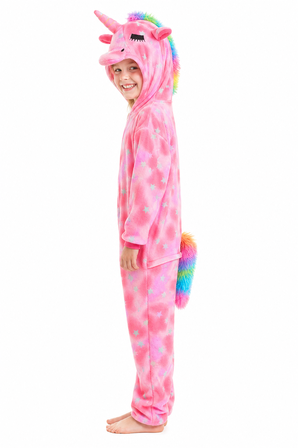 Kids' Hooded Pink Tie-Dye Rainbow-Tail Unicorn Plush Kigurumi Onesie
