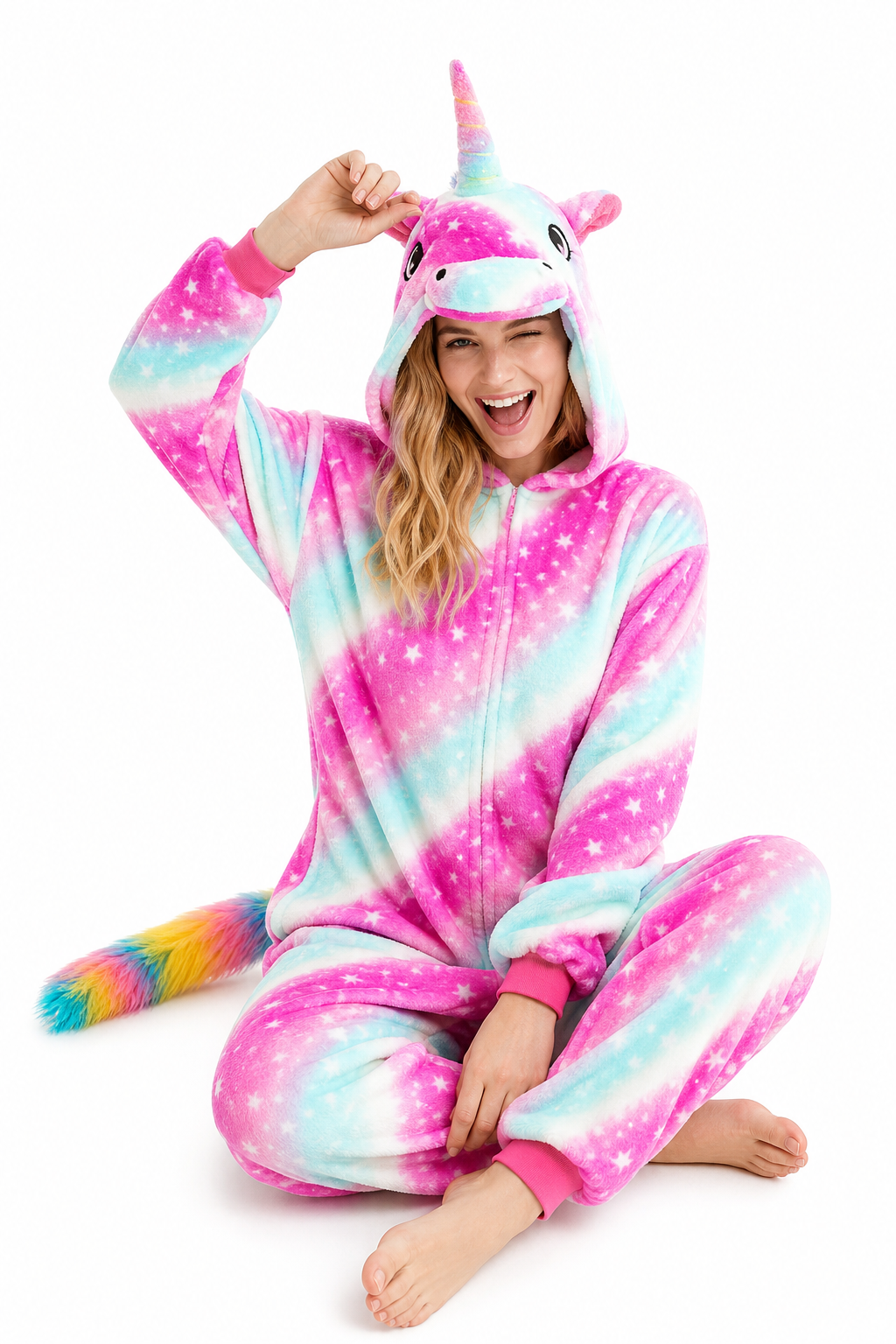 Adult Hooded Pink & Blue Star Unicorn Kigurumi Onesie with Rainbow Tail