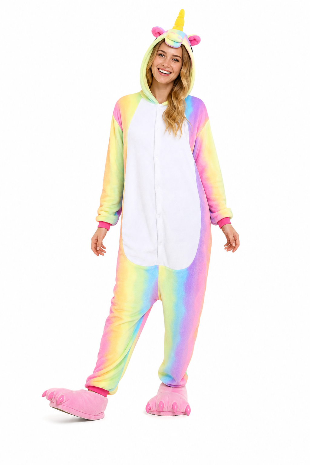 Adult Hooded Pastel Rainbow Ombre Unicorn Kigurumi Onesie with White Belly