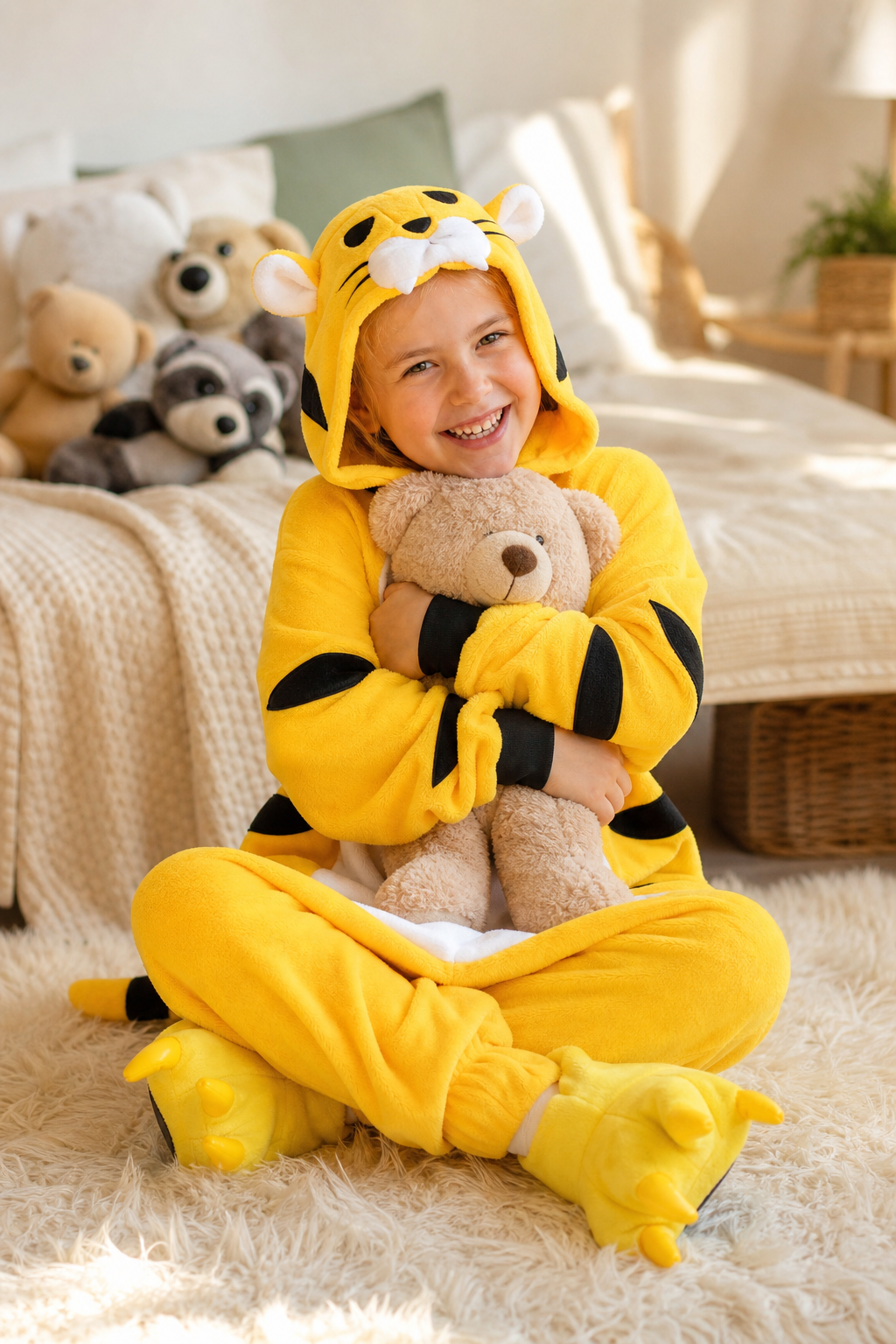 Kids' Hooded Yellow Tiger Kigurumi Onesie