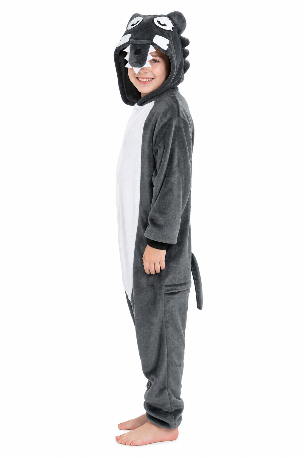 Kids' Hooded Gray Wolf Plush Kigurumi Onesie