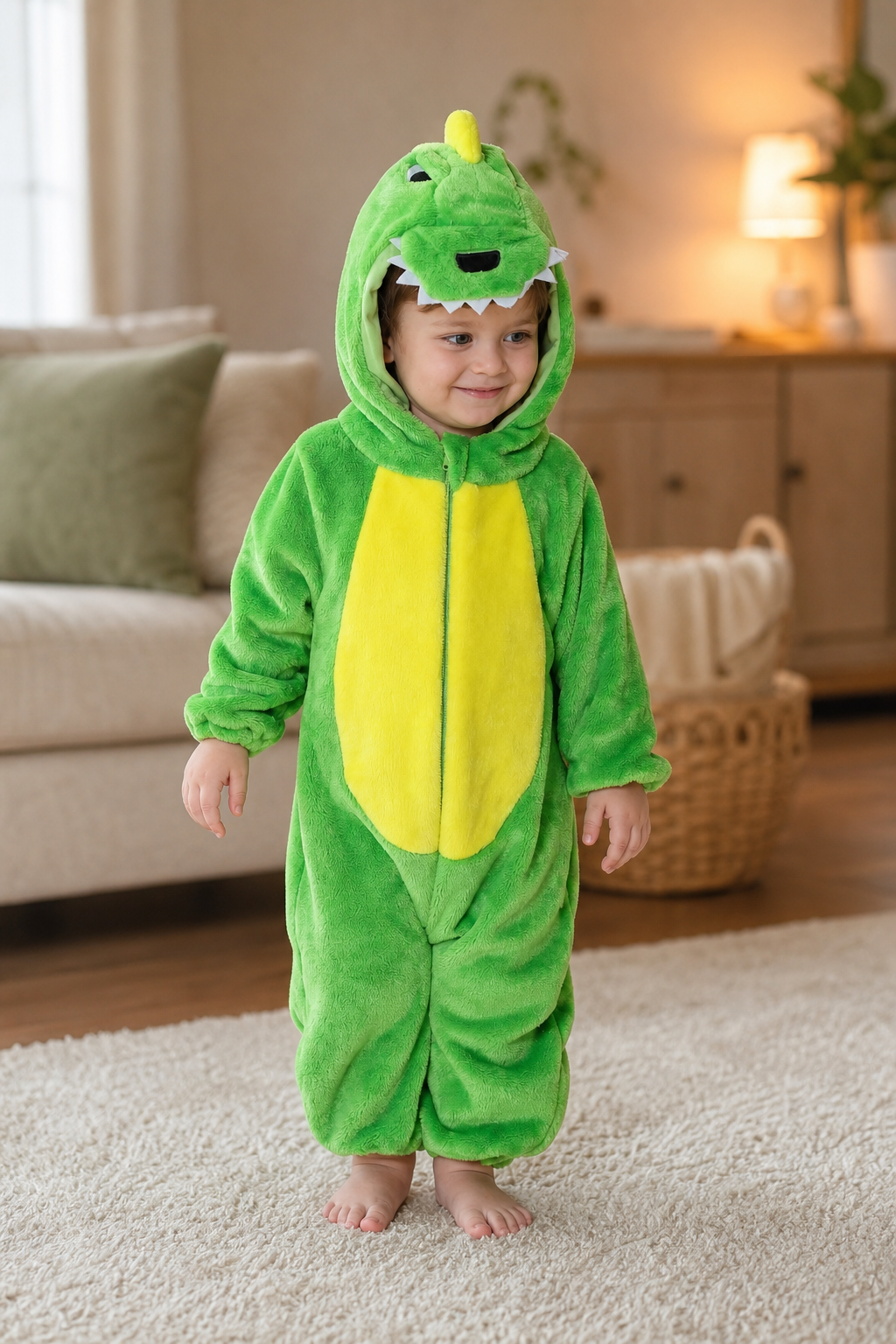 Green Baby Plush Dinosaur Onesie with Yellow Belly