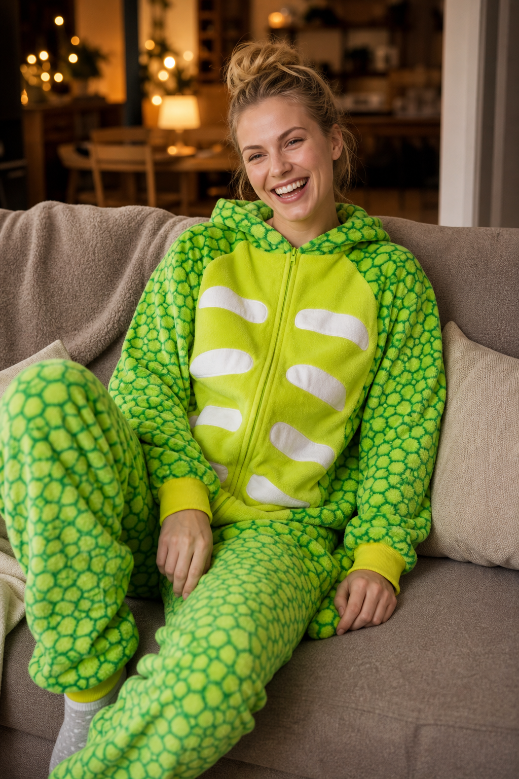 Adult Hooded Vibrant Green Scaled Dinosaur Kigurumi Onesie