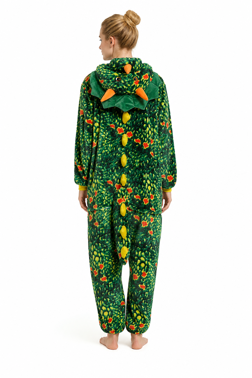 Adult Hooded Orange-Speckled Green Dinosaur Kigurumi Onesie