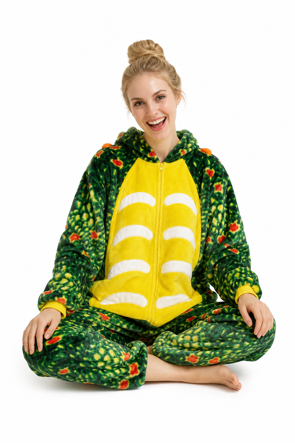 Adult Hooded Orange-Speckled Green Dinosaur Kigurumi Onesie