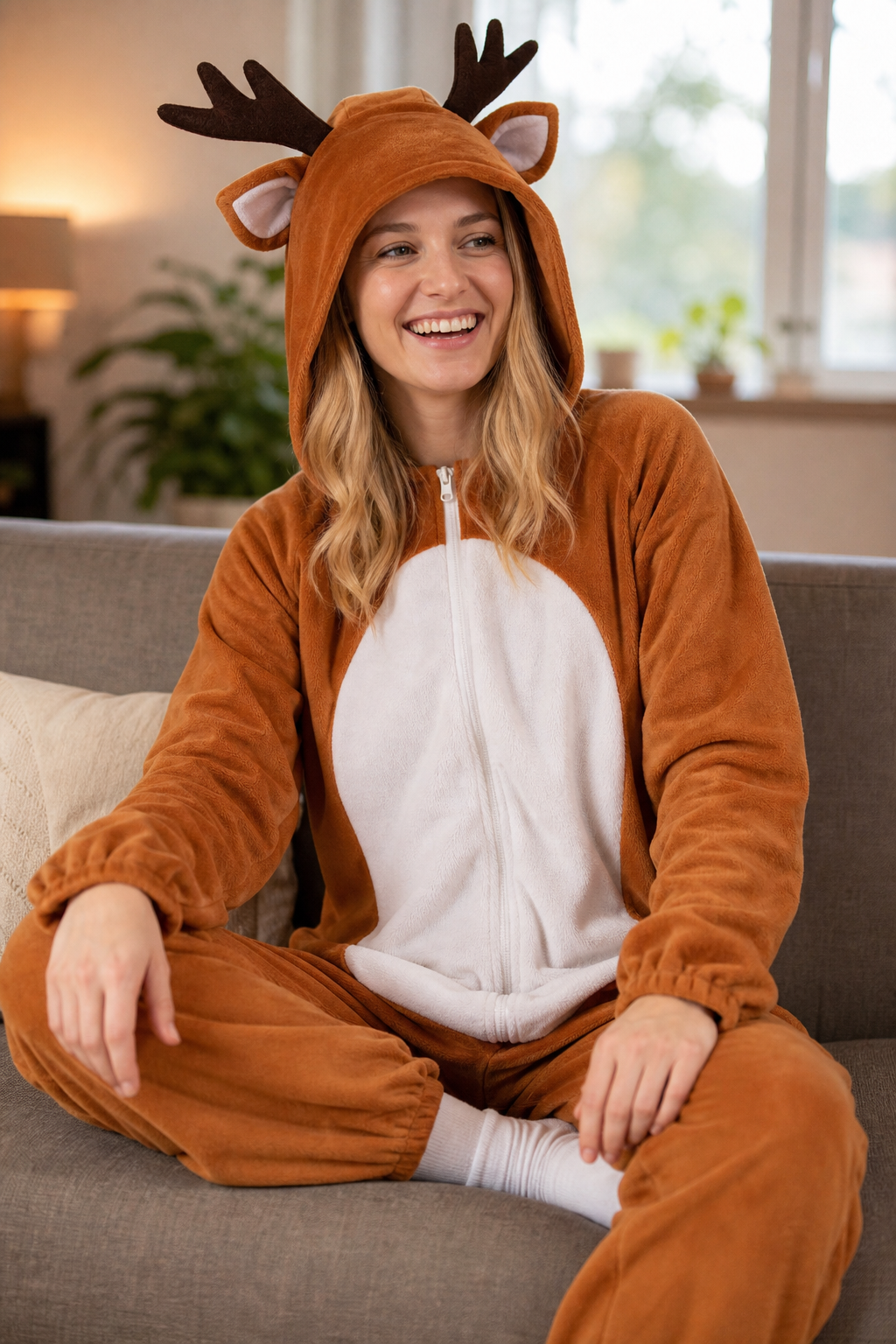 Adult Reindeer Kigurumi Onesie with Antler Hood