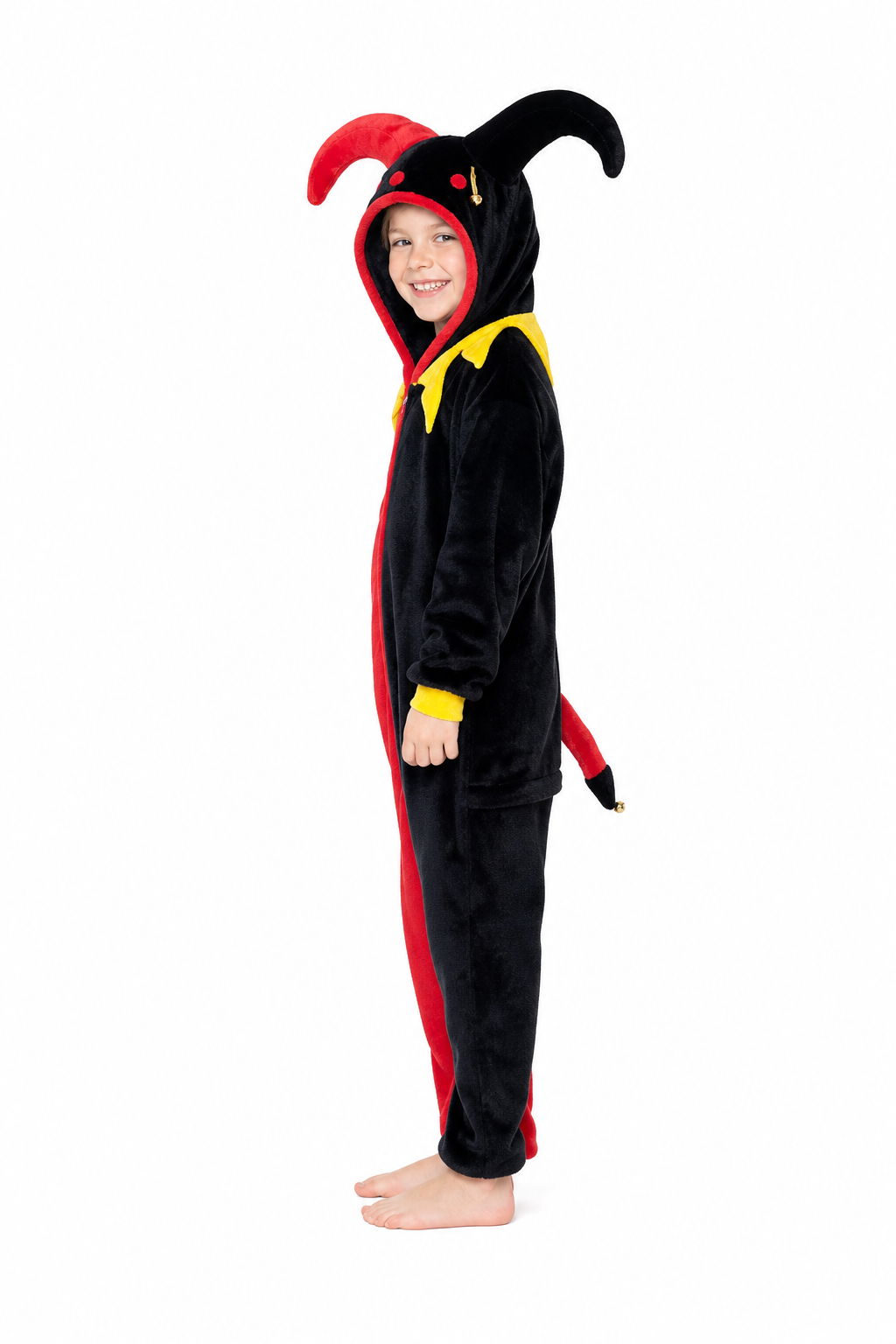 Kids' Hooded Red and Black Jester Plush Kigurumi Onesie