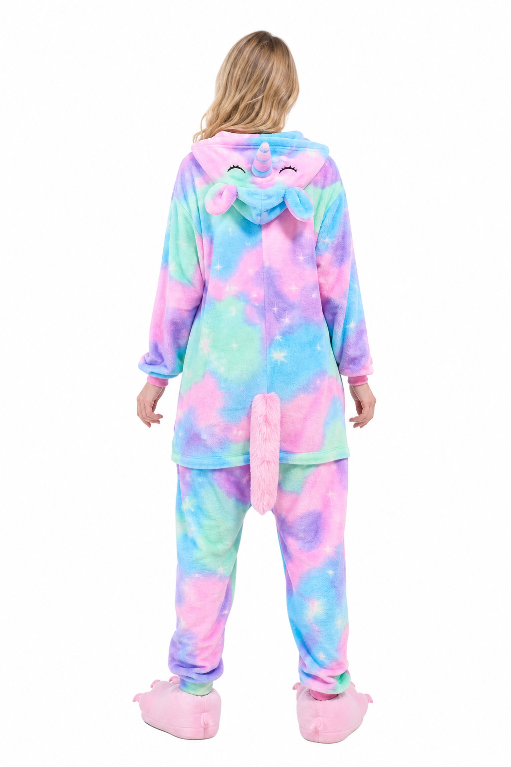 Adult Hooded Pastel Rainbow Unicorn Kigurumi Onesie with Glitter Star Belly