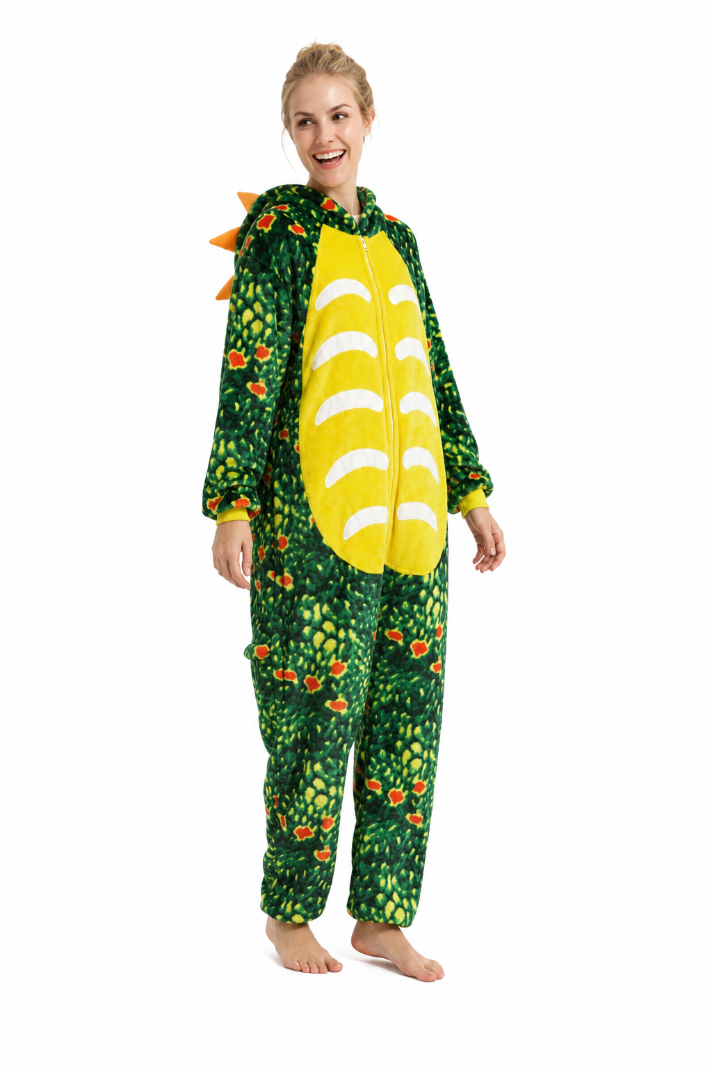 Adult Hooded Orange-Speckled Green Dinosaur Kigurumi Onesie