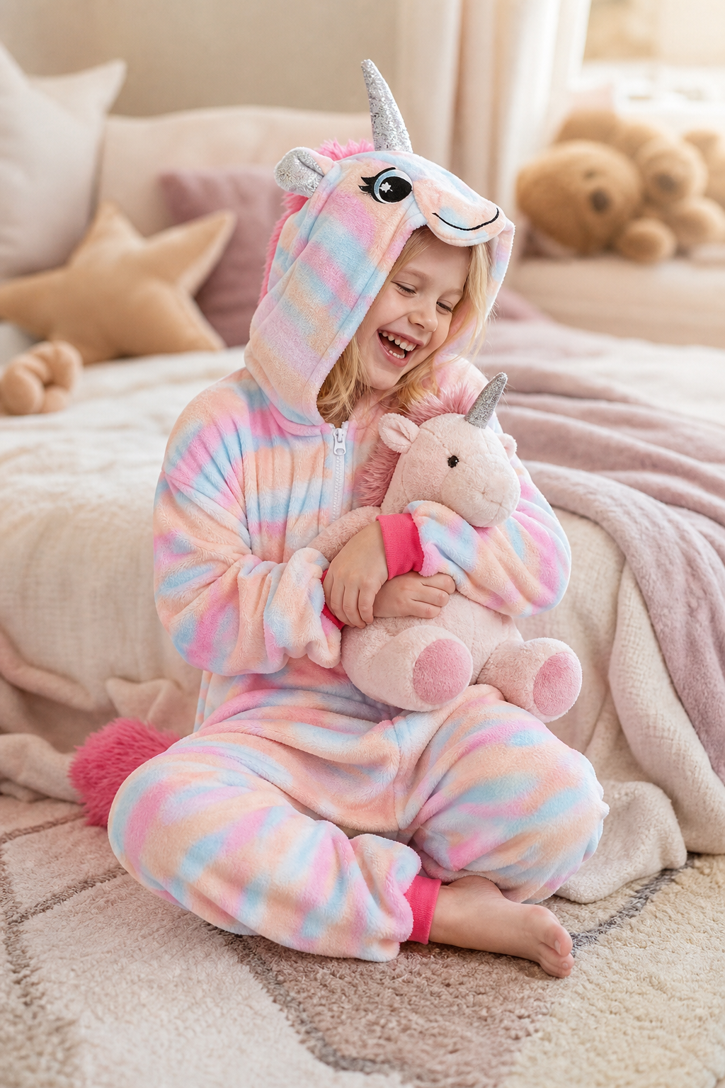 Kids' Hooded Pastel Pink and Blue Tie-Dye Unicorn Plush Kigurumi Onesie