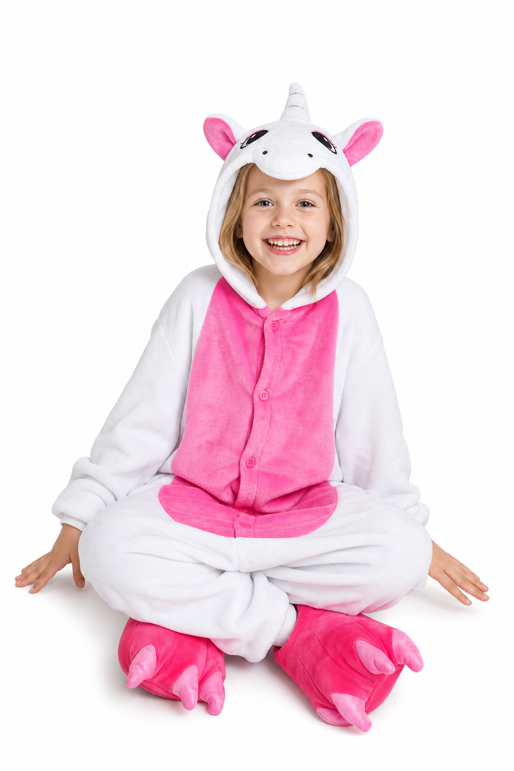 Kids' Hooded White and Hot Pink Unicorn Plush Kigurumi Onesie