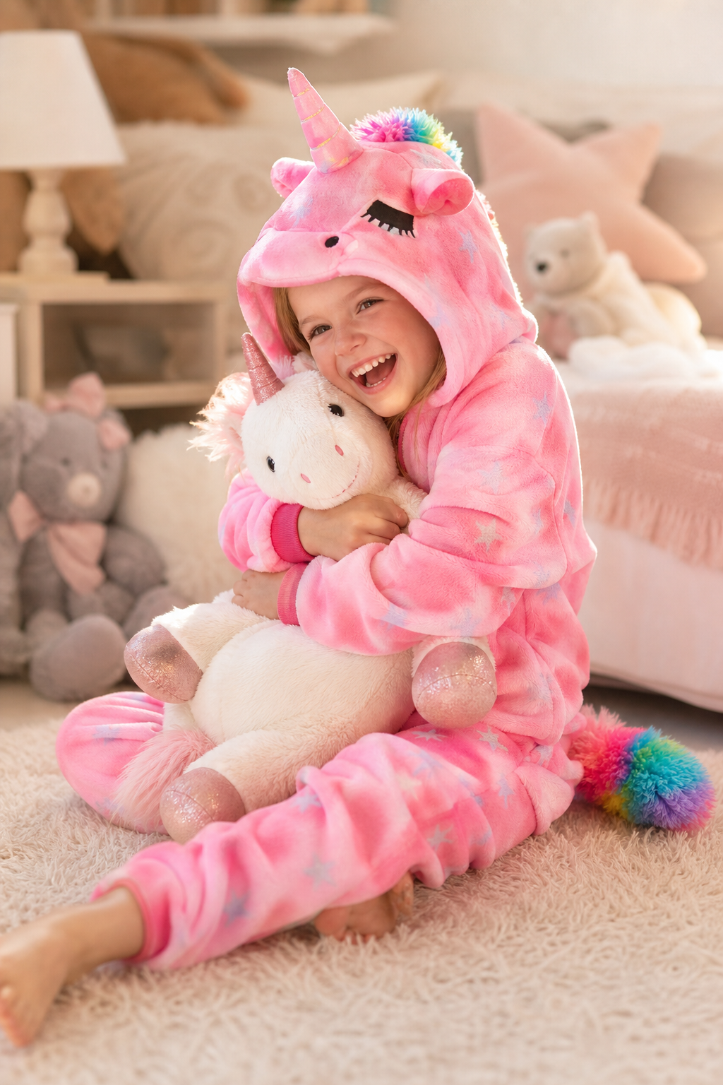 Kids' Hooded Pink Glitter Star Unicorn Kigurumi Costume Onesie
