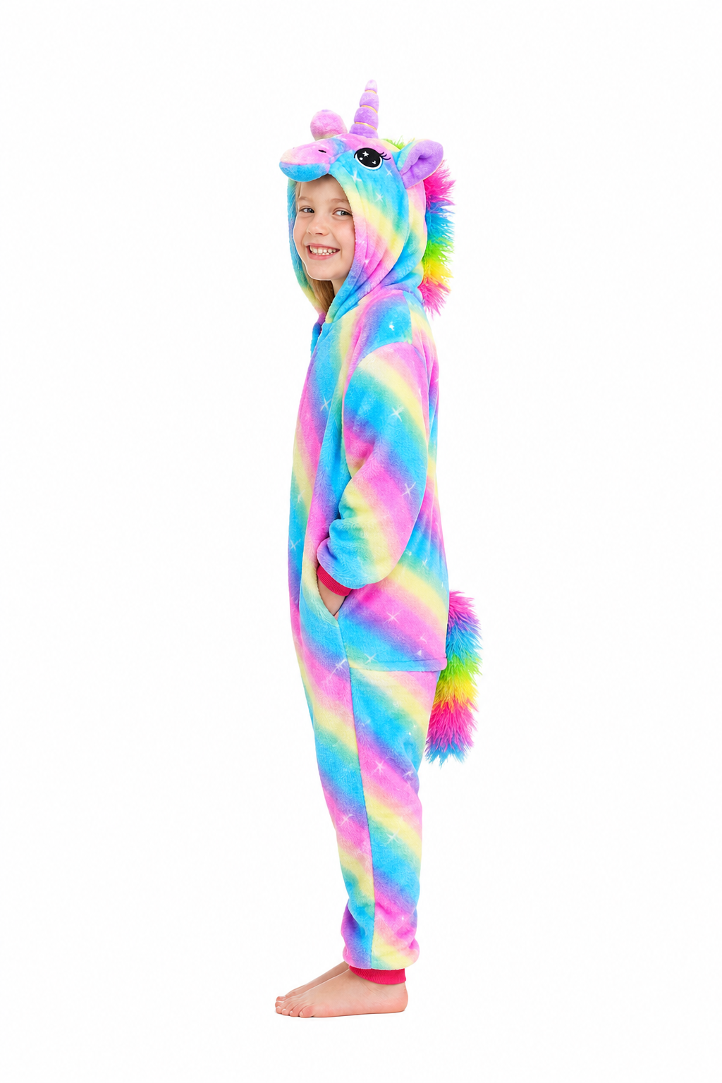 Kids' Hooded Bright Rainbow Stripe Unicorn Kigurumi Pajama Onesie