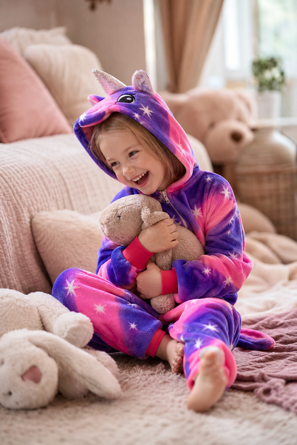 Kids' Hooded Magenta and Purple Starburst Unicorn Kigurumi Pajama Onesie