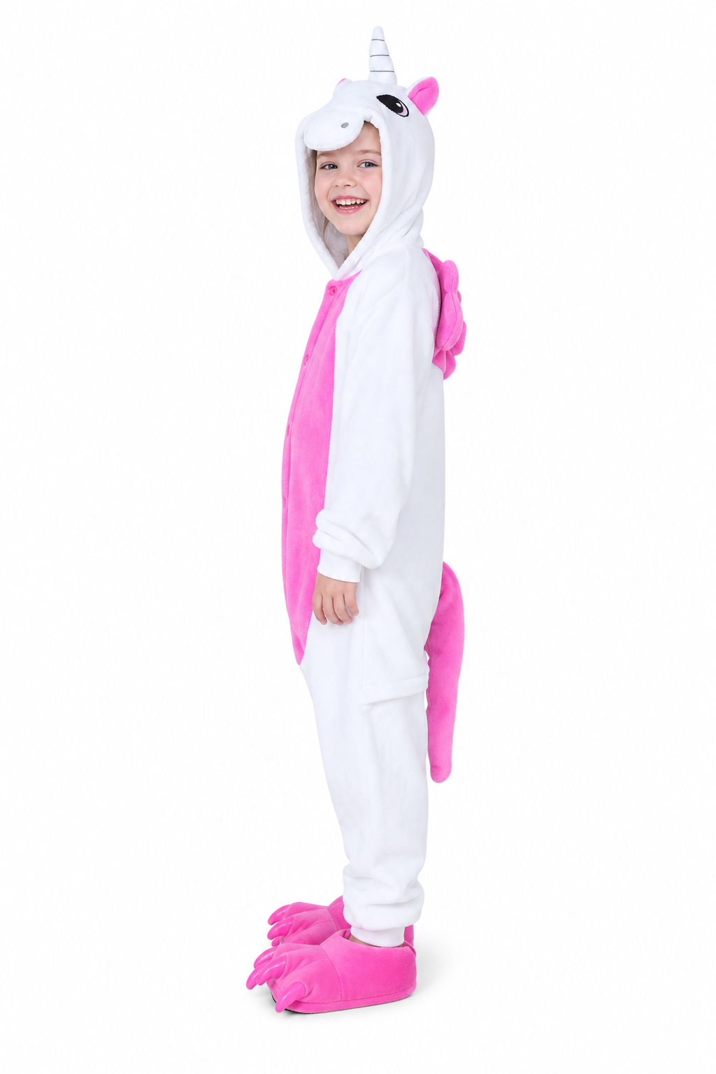 Kids' Hooded White and Bright Pink Unicorn Kigurumi Costume Onesie