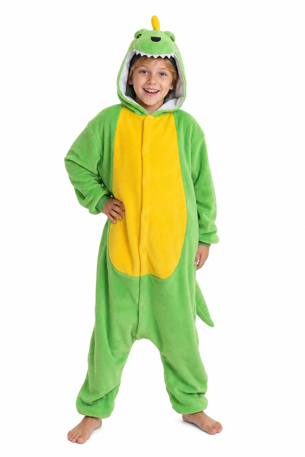 Kids' Hooded Green & Yellow Dinosaur Plush Kigurumi Onesie