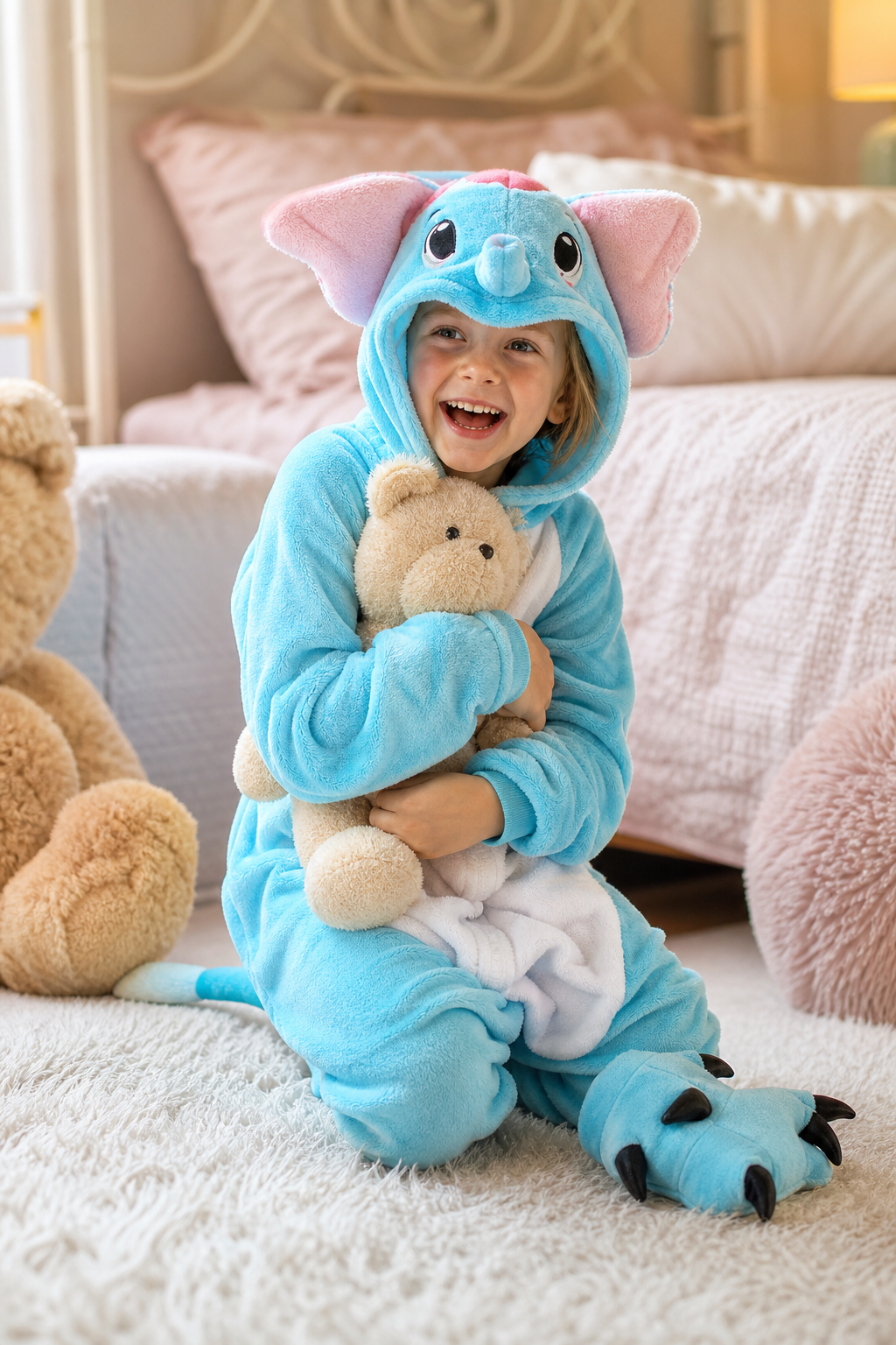 Kids' Hooded Light Blue Elephant Kigurumi Pajama Onesie