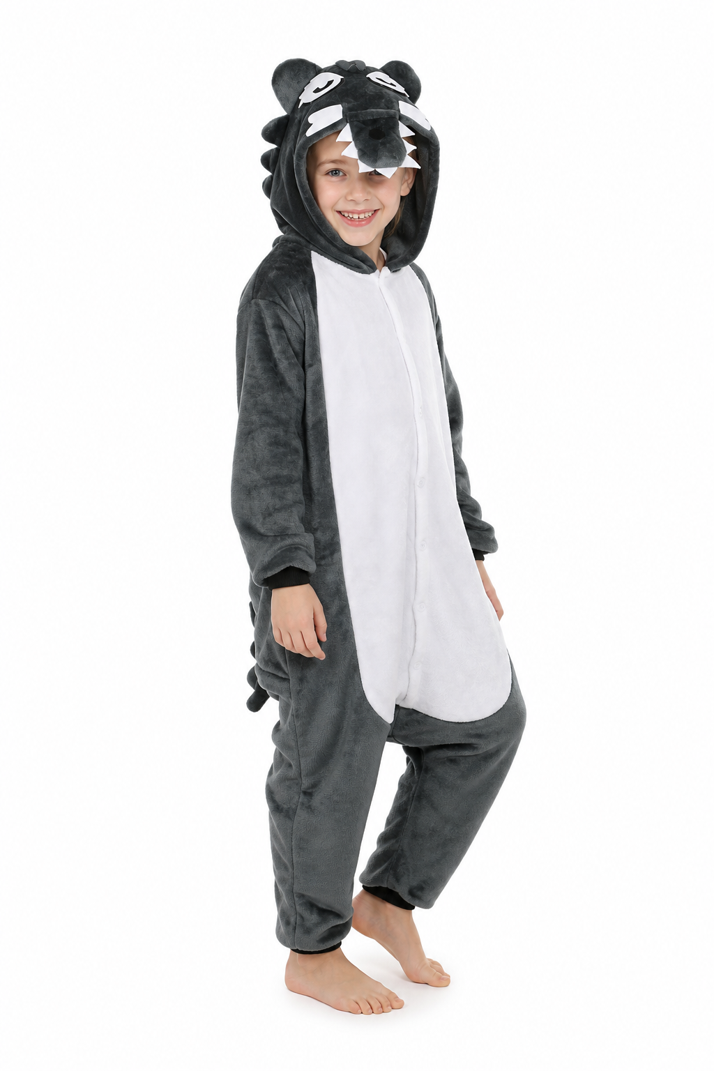 Kids' Hooded Gray Wolf Plush Kigurumi Onesie