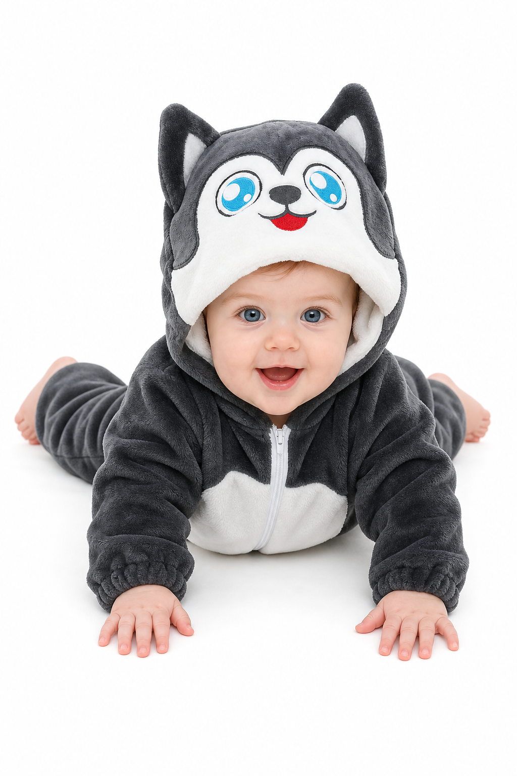 Plush Grey Husky Hooded Baby Kigurumi Onesie