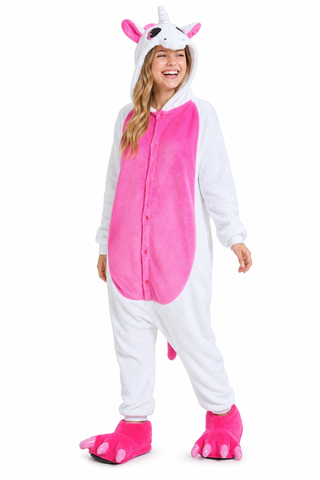 Adult Hooded White & Hot Pink Unicorn Kigurumi Onesie