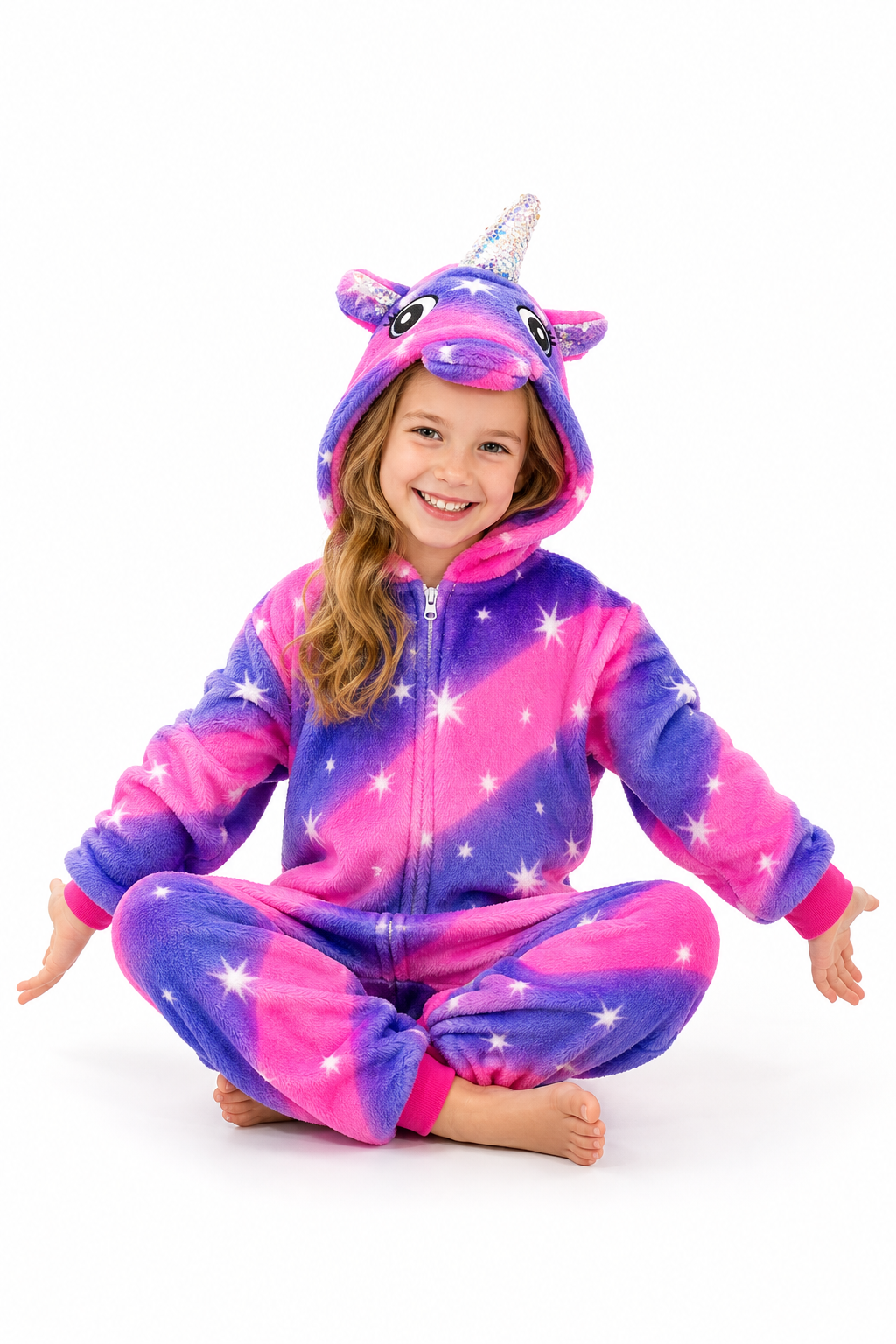 Kids' Hooded Magenta and Purple Starburst Unicorn Kigurumi Pajama Onesie