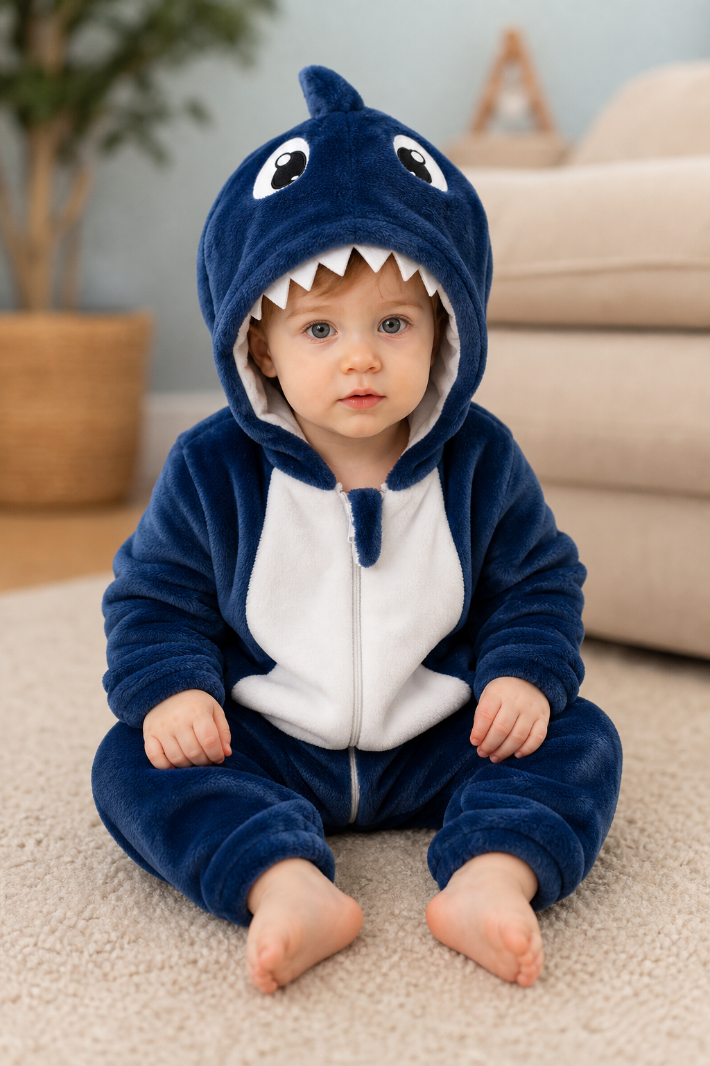 Cozy Blue Baby Plush Shark Kigurumi Onesie