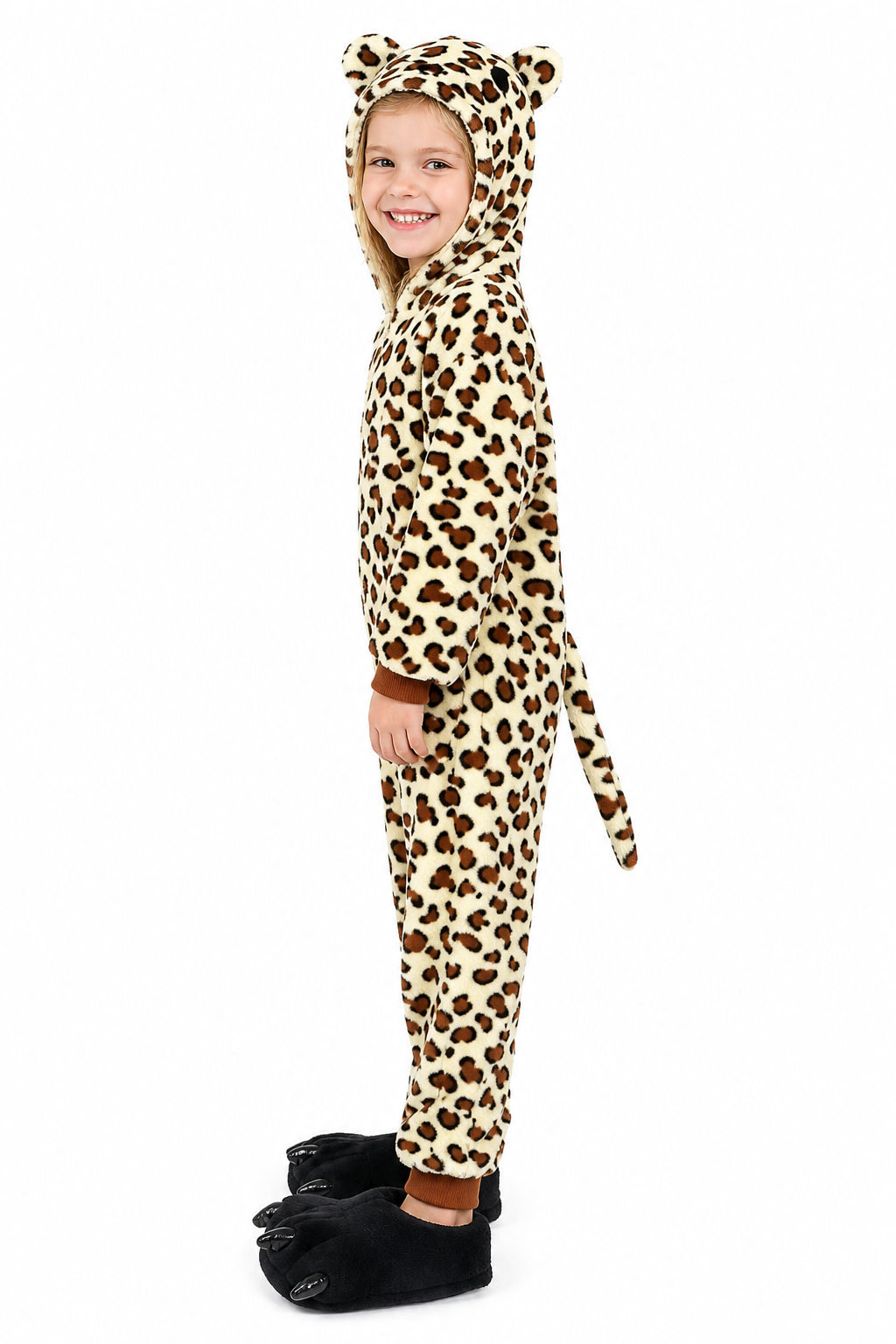 Kids' Hooded Tan Leopard Print Plush Kigurumi Onesie