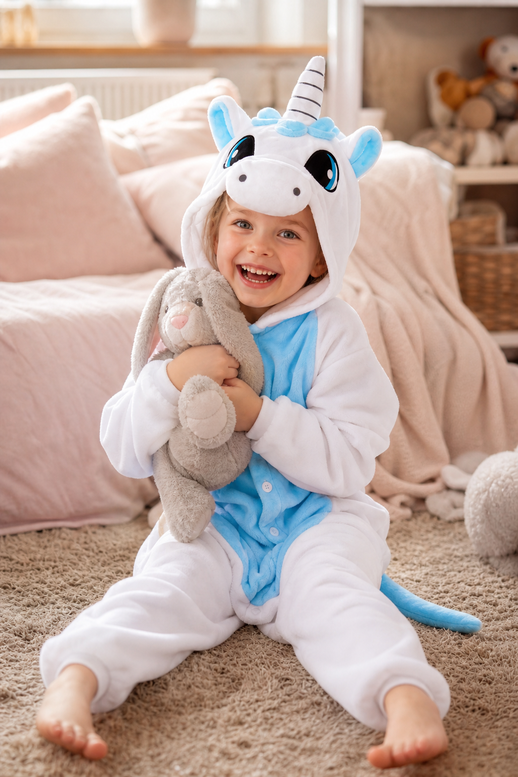 Kids' Hooded White and Sky Blue Unicorn Kigurumi Pajama Onesie