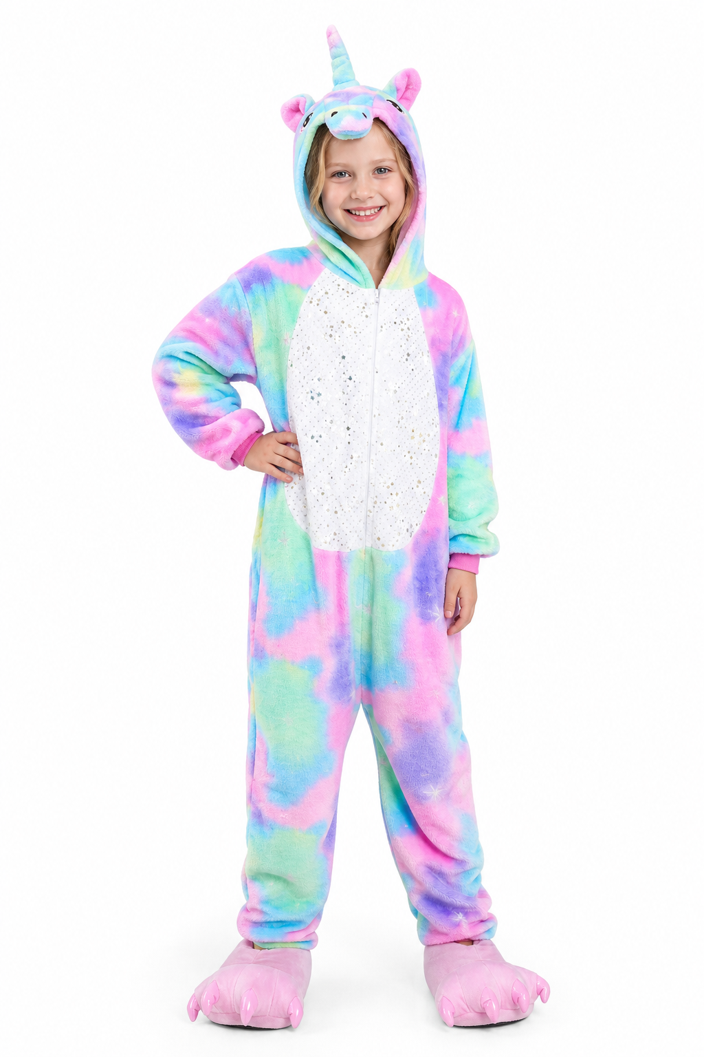 Kids' Hooded Pastel Tie-Dye Glitter Belly Unicorn Plush Kigurumi Onesie