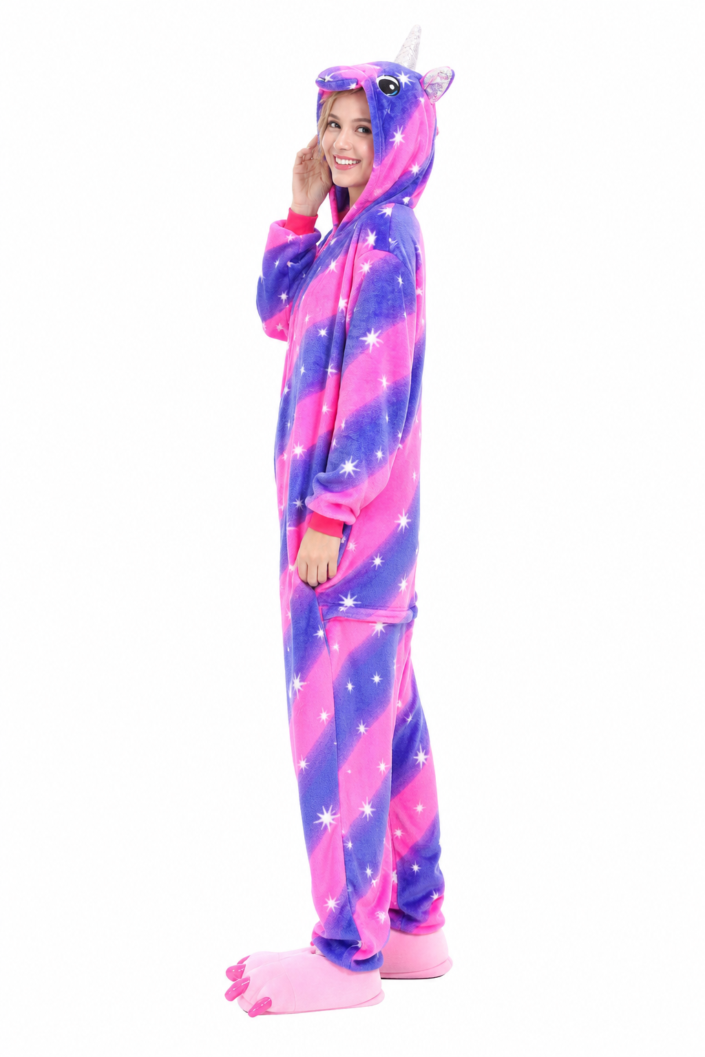 Adult Hooded Neon Pink & Blue Star Stripe Unicorn Kigurumi Onesie