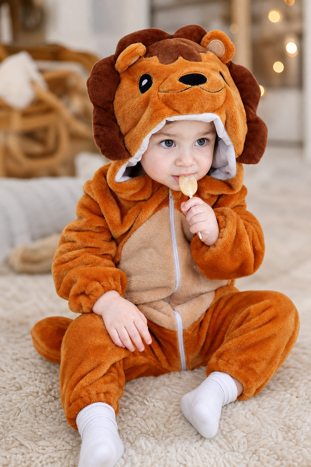 Baby Brown Plush Lion Hooded Onesie