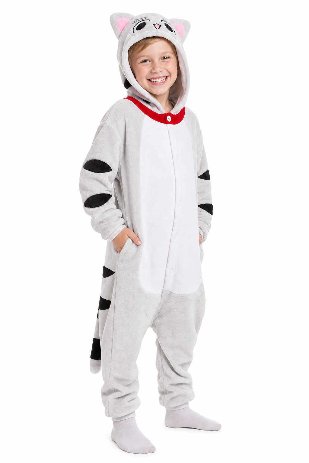 Kids' Hooded White Spotted Cat Kigurumi Costume Onesie