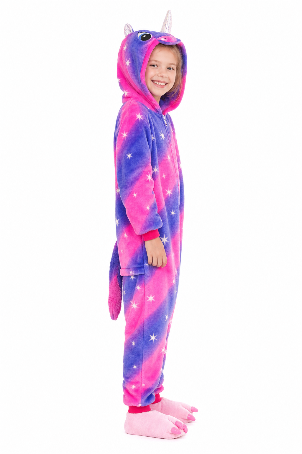 Kids' Hooded Magenta and Purple Starburst Unicorn Kigurumi Pajama Onesie