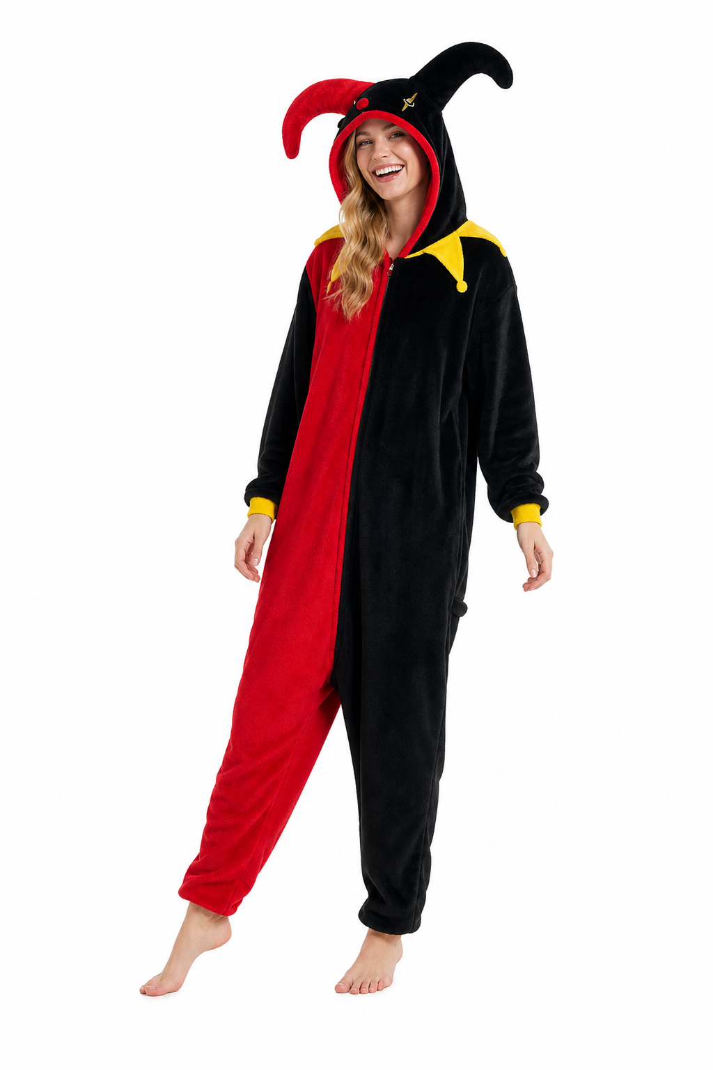 Adult Hooded Red & Black Jester Kigurumi Onesie