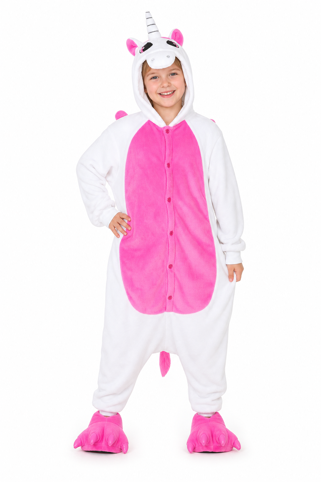 Kids' Hooded White and Bright Pink Unicorn Kigurumi Costume Onesie