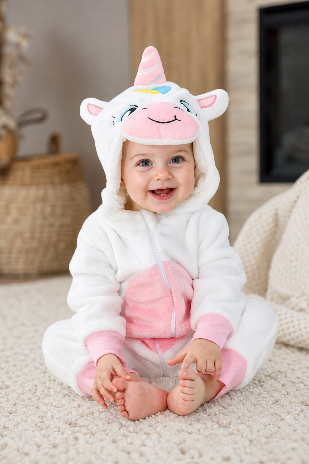 Cozy Baby White Plush Unicorn Hooded Onesie
