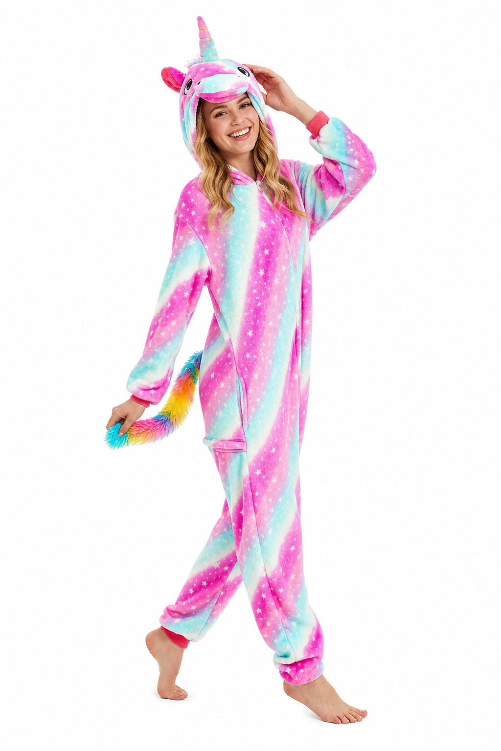 Adult Hooded Pink & Blue Star Unicorn Kigurumi Onesie with Rainbow Tail