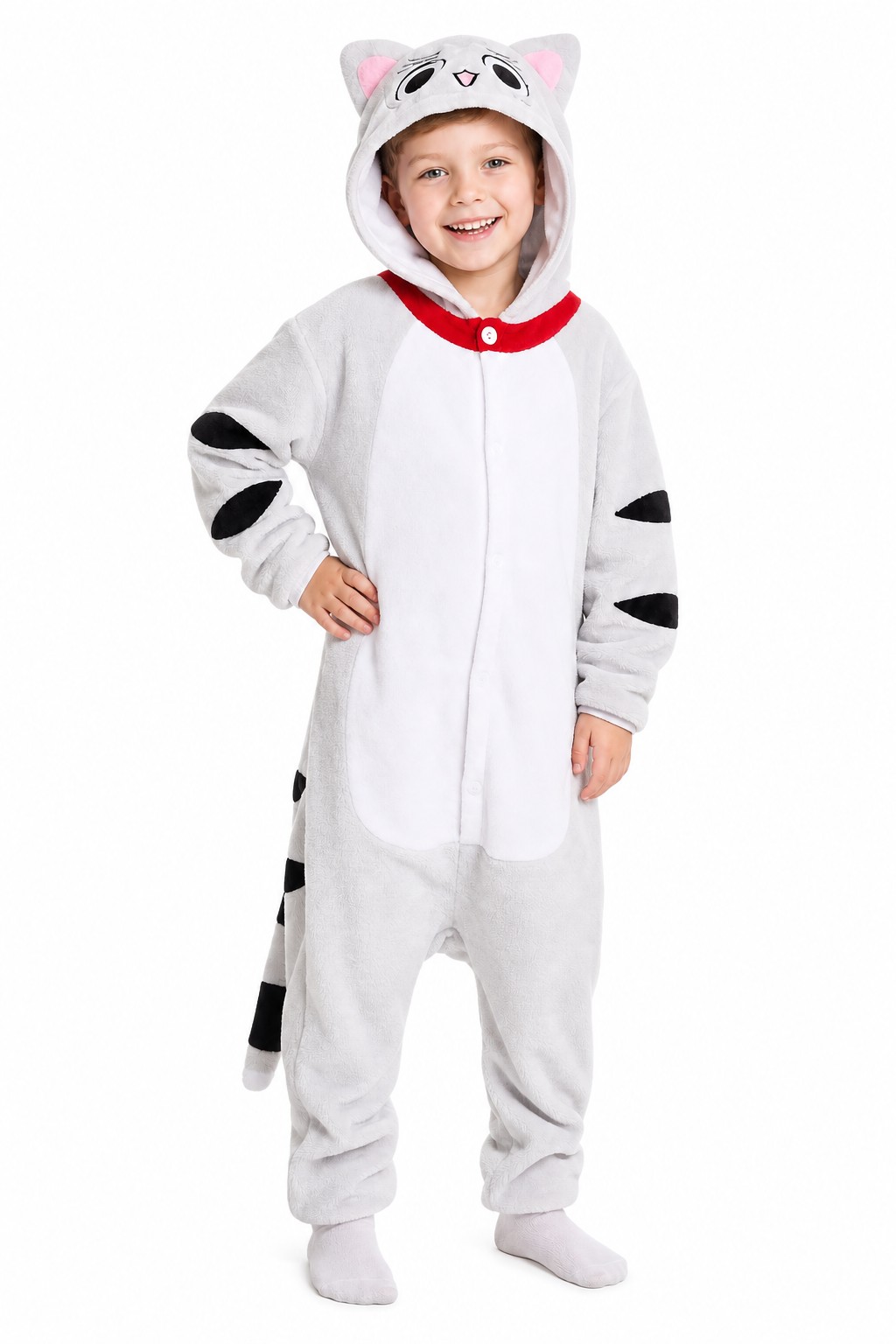 Kids' Hooded White Spotted Cat Kigurumi Costume Onesie