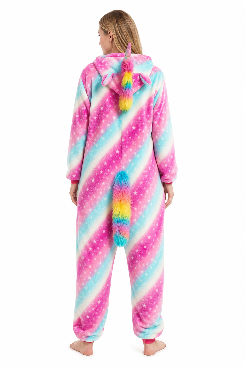 Adult Hooded Pink & Blue Star Unicorn Kigurumi Onesie with Rainbow Tail