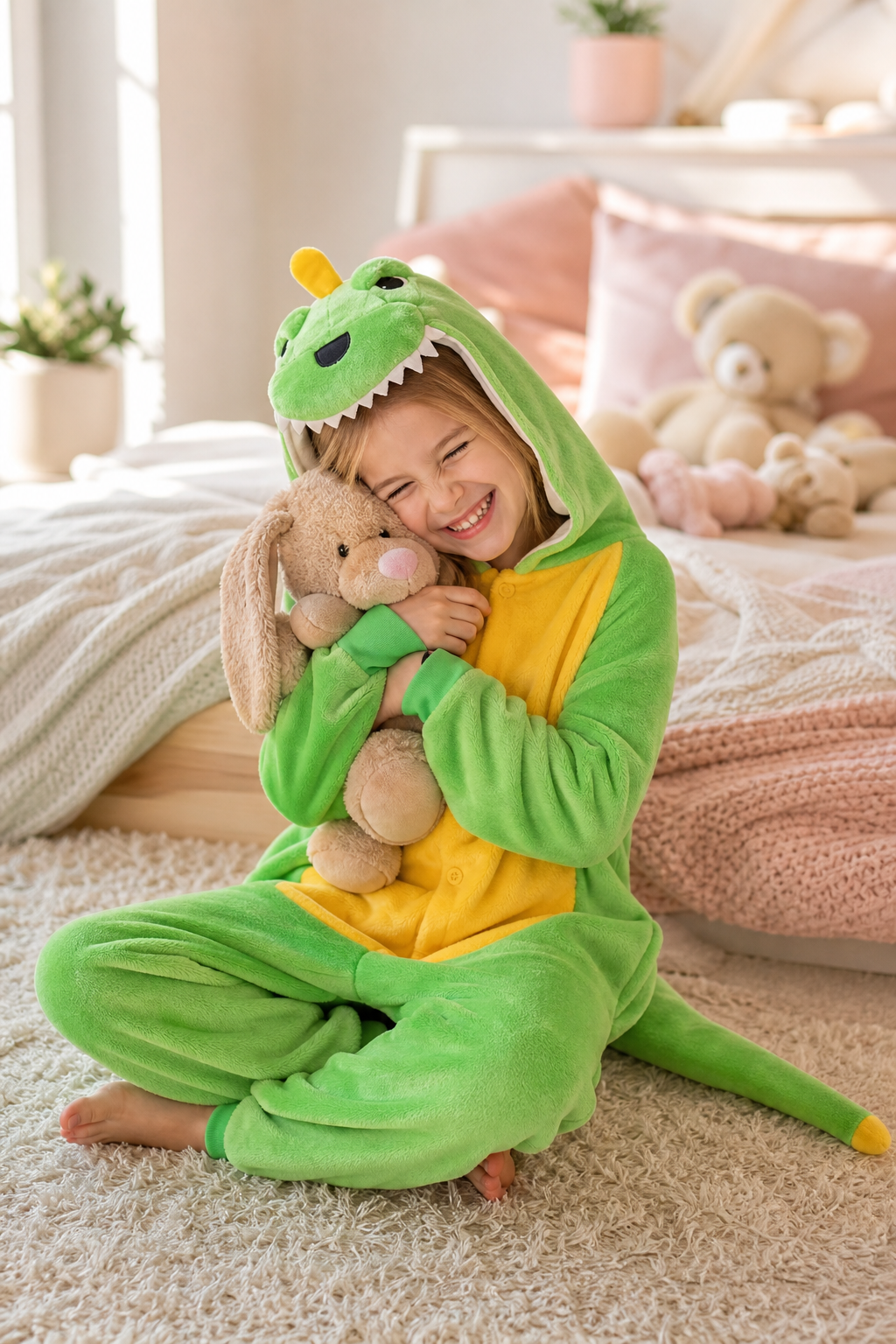 Kids' Hooded Green & Yellow Dinosaur Plush Kigurumi Onesie