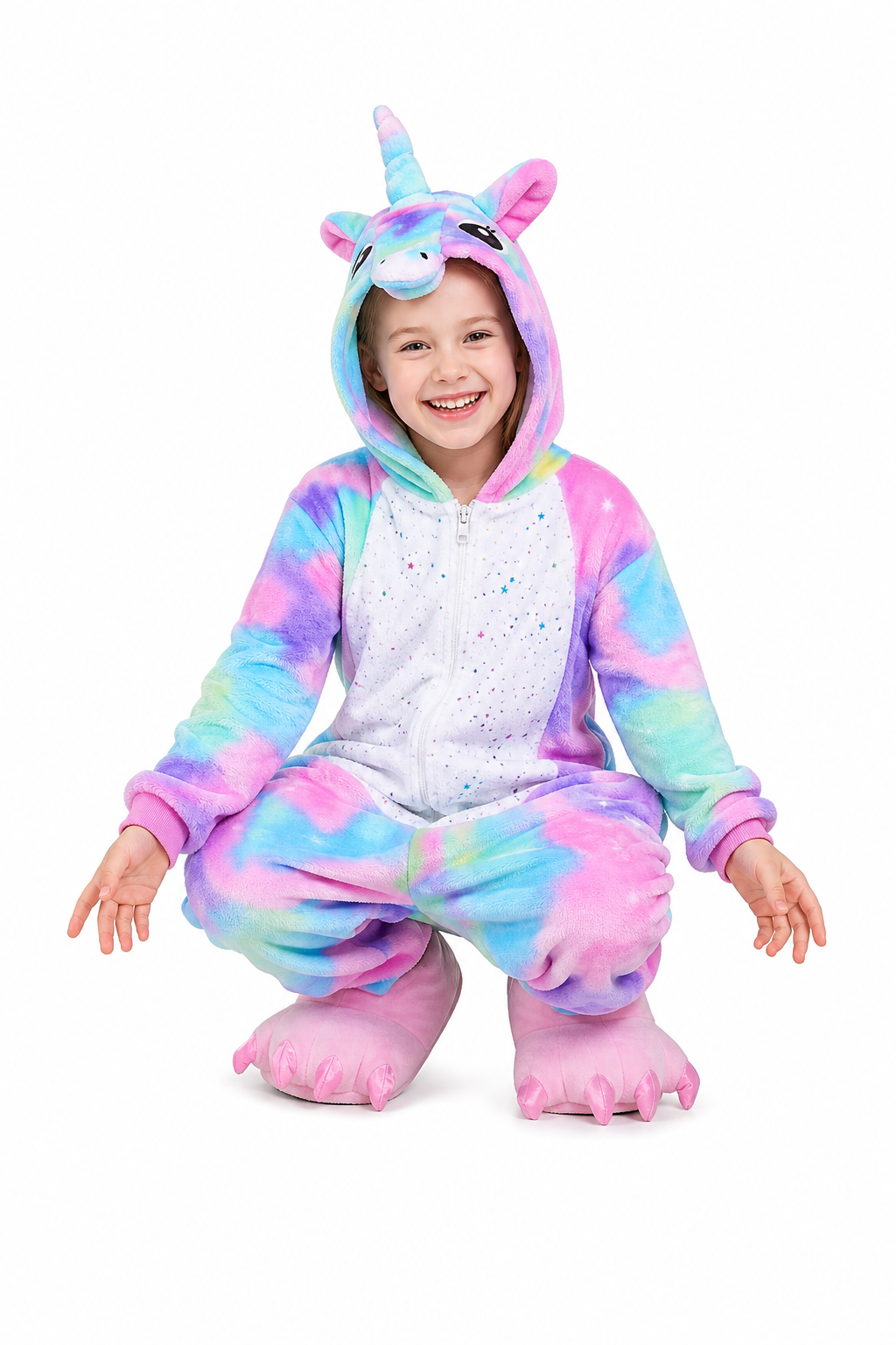 Kids' Hooded Pastel Tie-Dye Glitter Belly Unicorn Plush Kigurumi Onesie