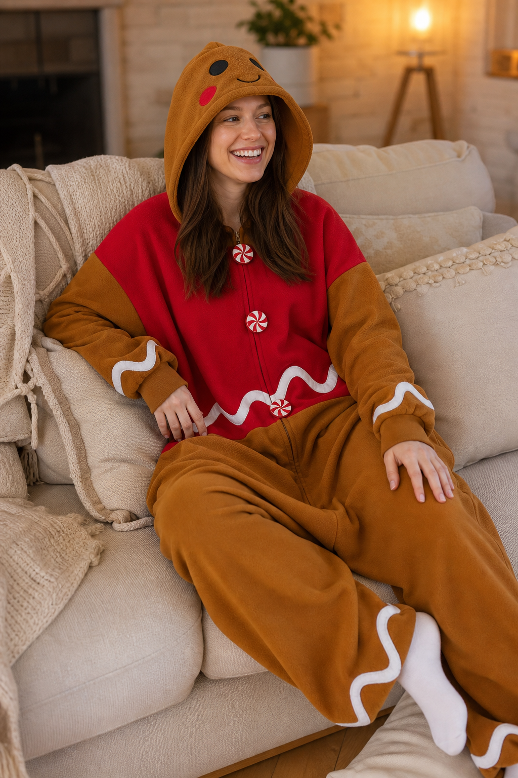 Adult Fleece Gingerbread Man Onesie with Candy Buttons